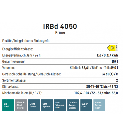 LIEBHERR利勃海尔 IRBd 4050 生物养鲜 嵌入式单门冰箱
